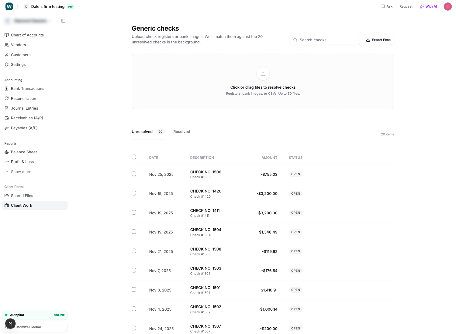 Generic checks queue for unresolved bookkeeping exceptions