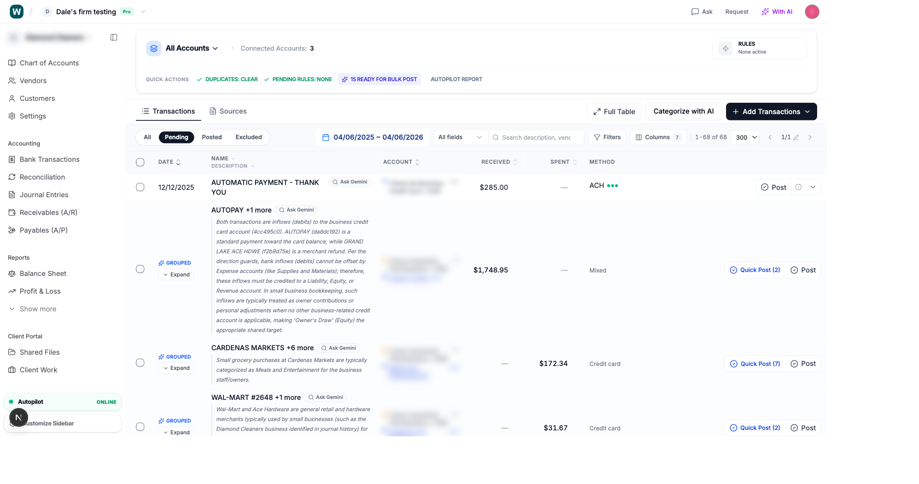 Accounting firm burnout workflow with grouped transaction suggestions and bulk post
