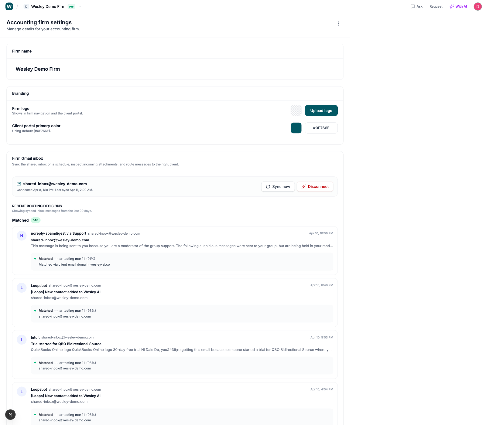 Shared inbox routing view for accounting firm email automation