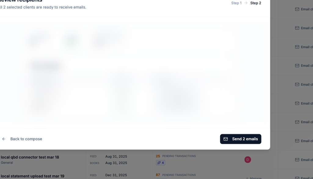 Bulk email review screen showing recipient readiness before send
