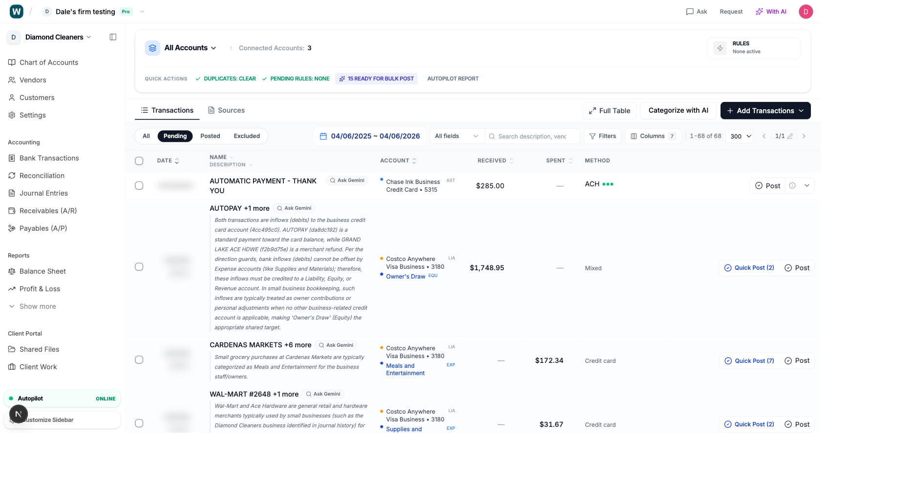 Transactions feed in Wesley for month-end review