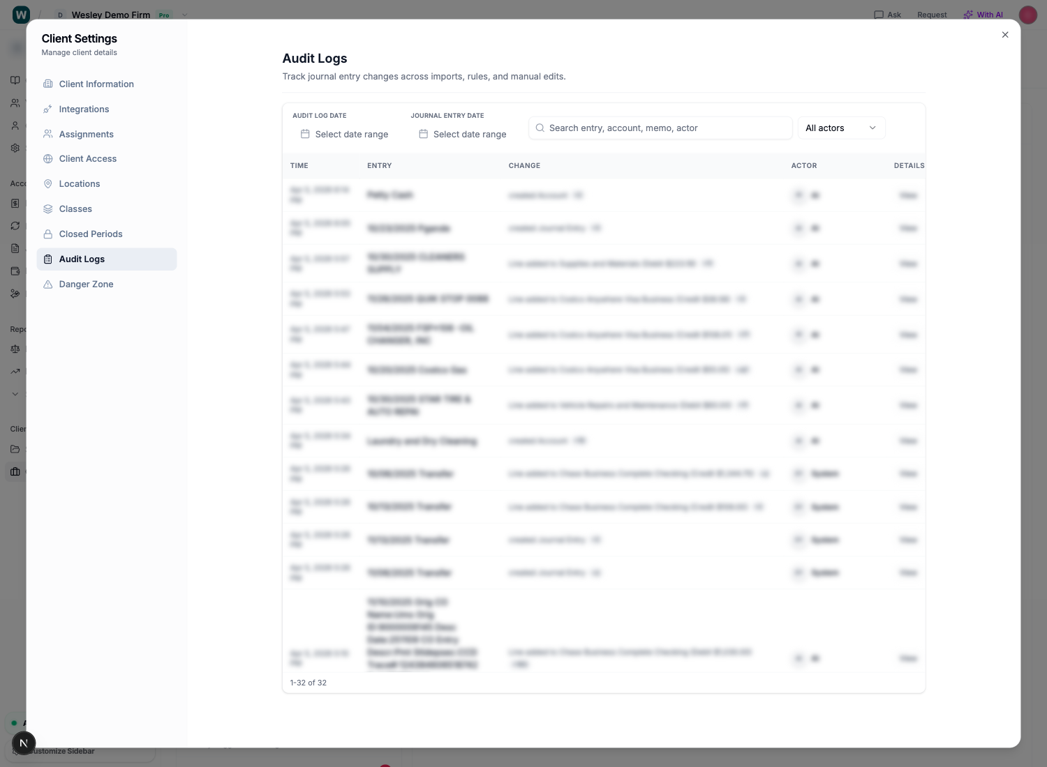 Audit log controls for outsourced bookkeeping review and change tracking