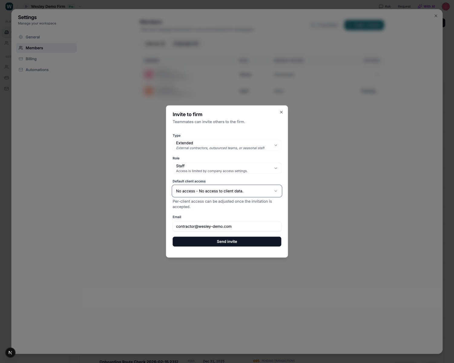 Extended outsourced bookkeeping invite with no client data access by default