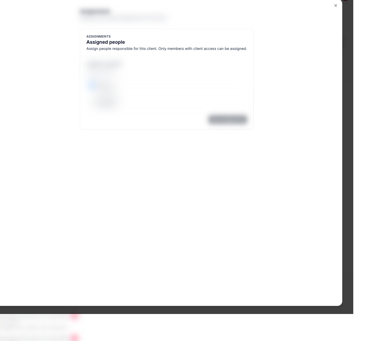 Client assignments showing that only members with client access can be assigned