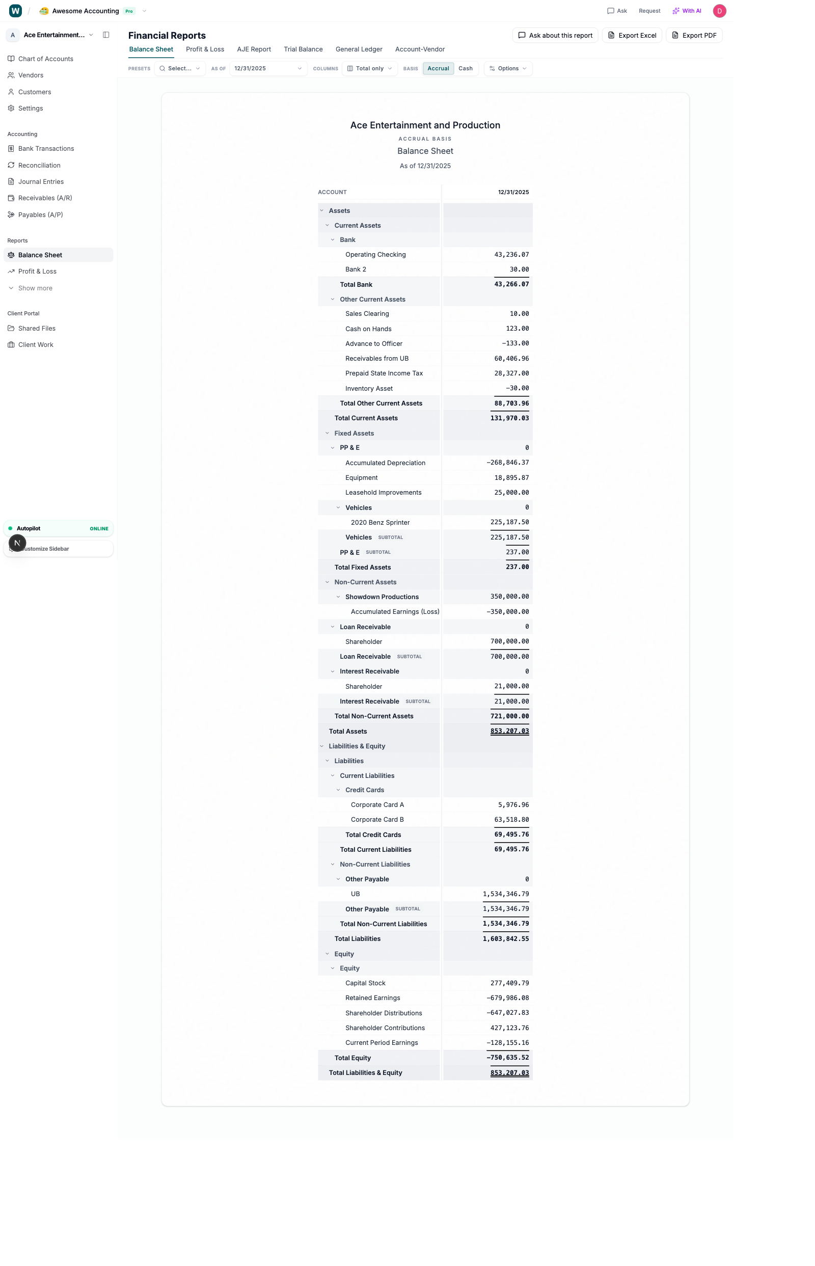 Balance sheet generated from bank statements in Wesley