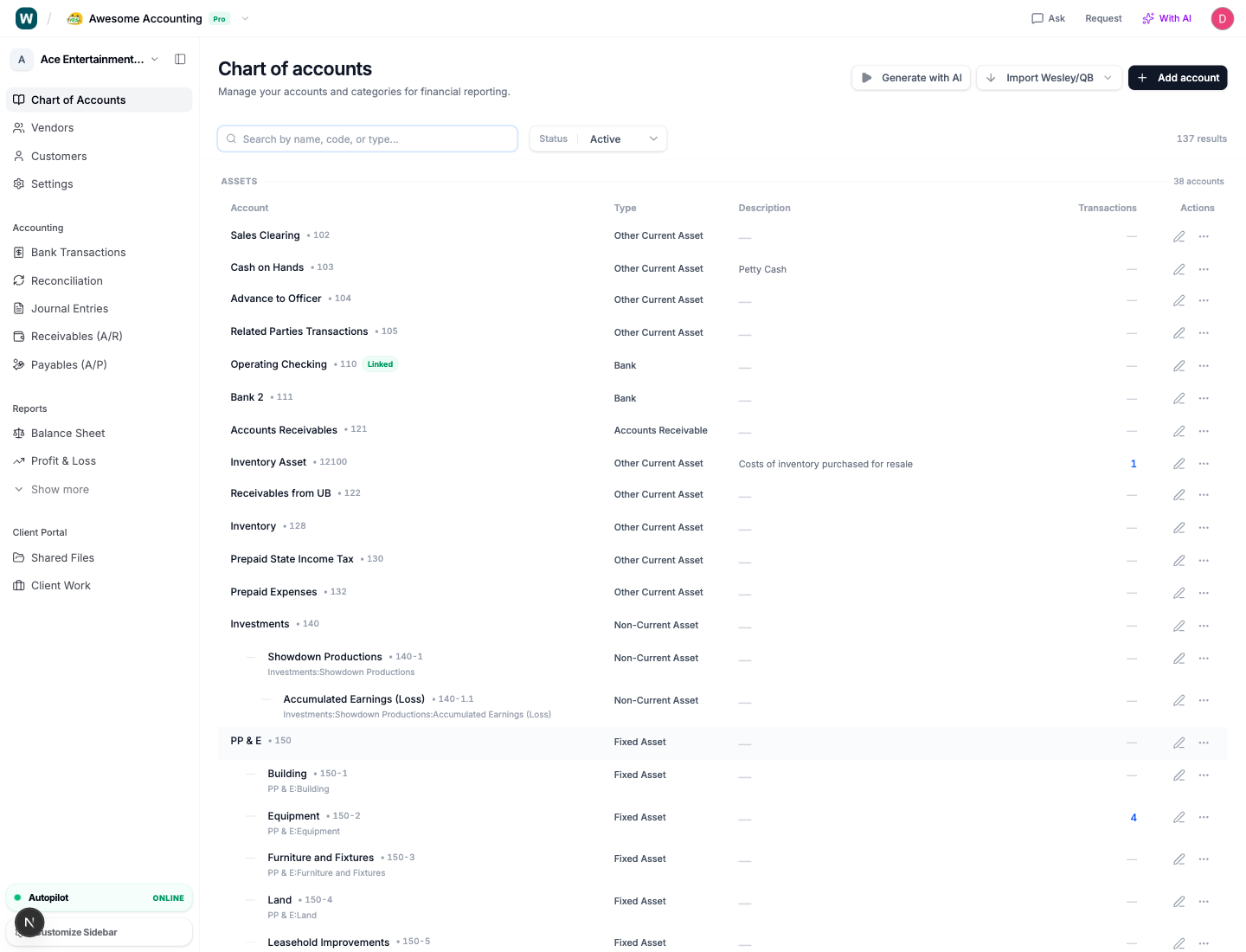 Tax-ready chart of accounts in Wesley