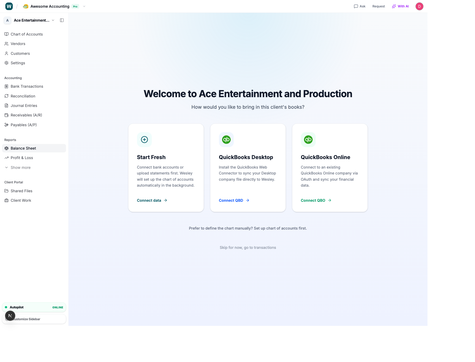 Wesley onboarding for bank-statement-first bookkeeping