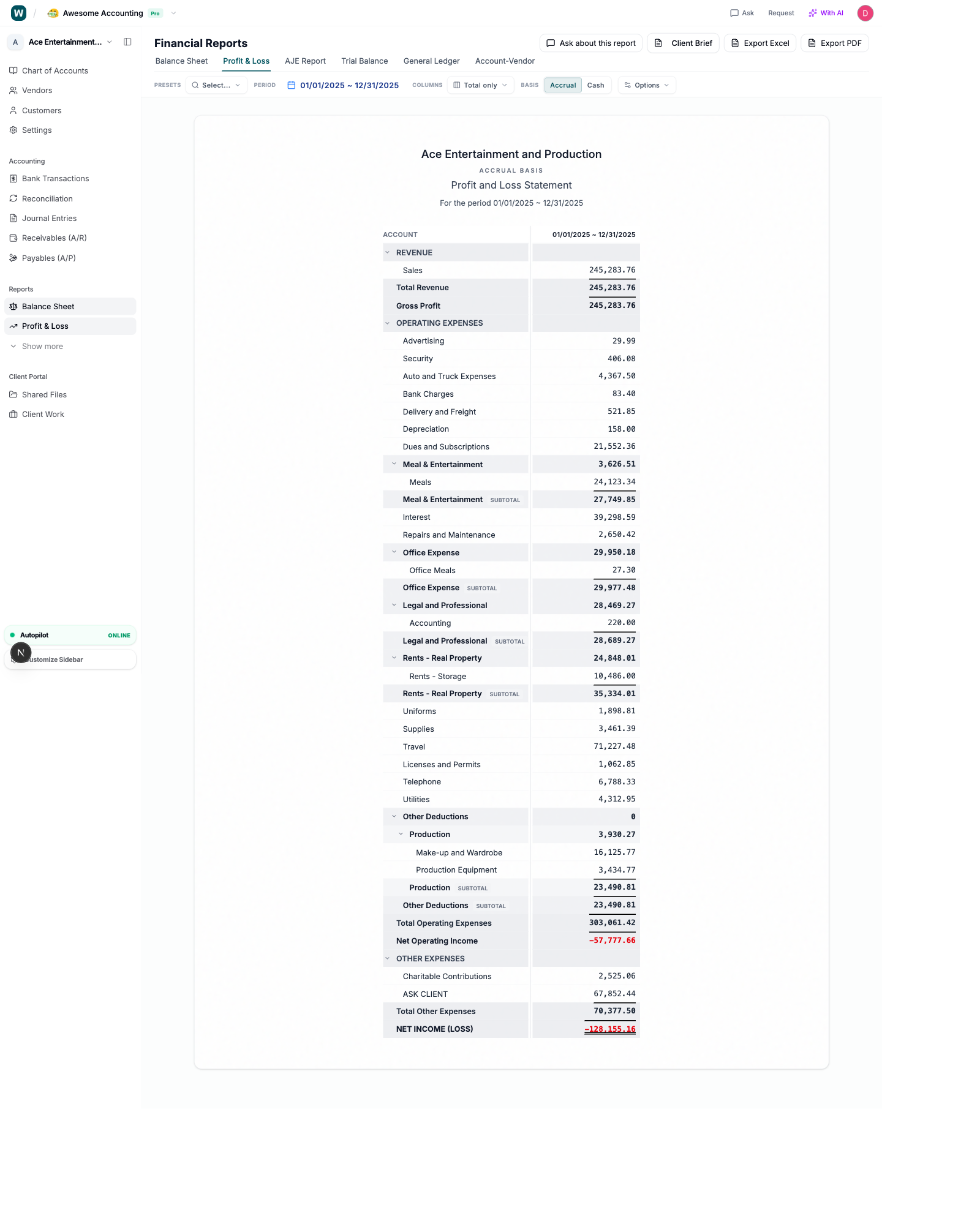 Profit and loss statement generated from bank statements in Wesley