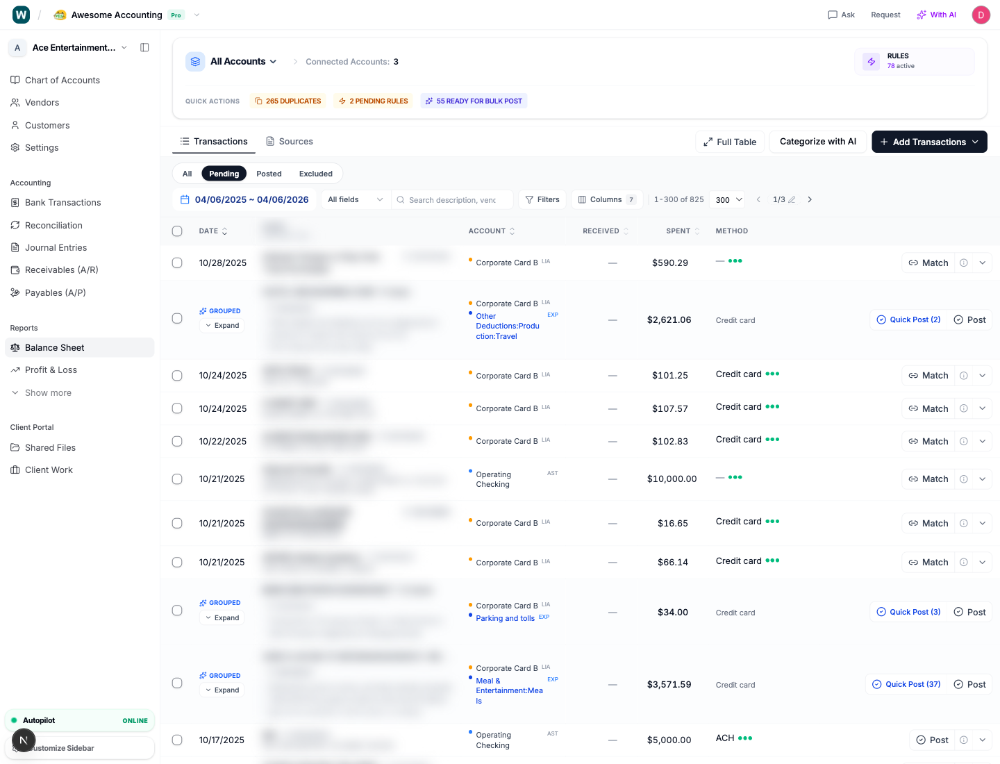 Automatic transaction categorization for catch-up bookkeeping in Wesley