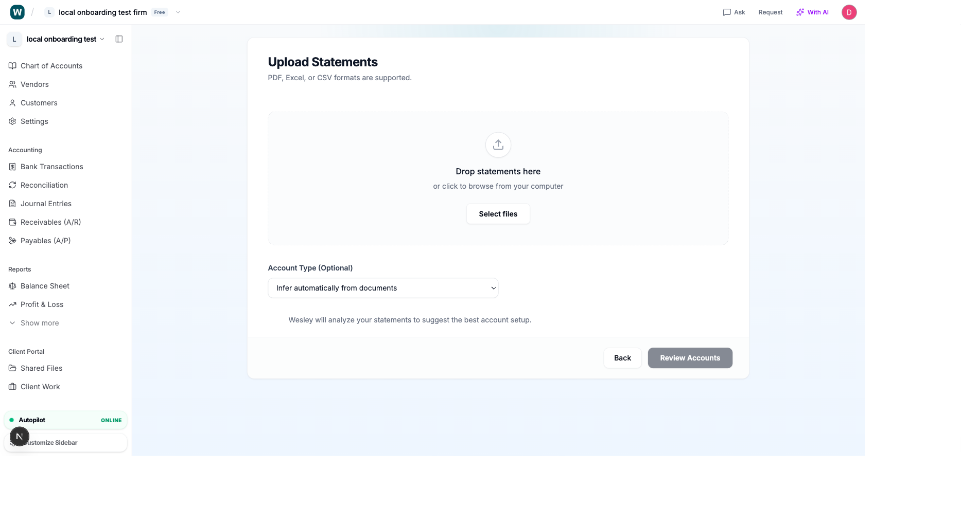 Upload bank statements for tax season catch-up bookkeeping in Wesley